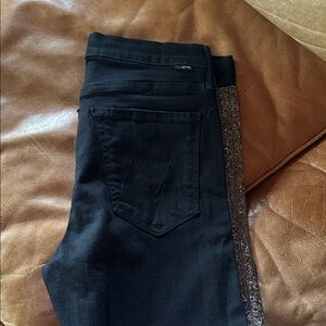 MOTHER Black The Rascal Ankle Fray Jeans with Glitter  beaded accent down side.